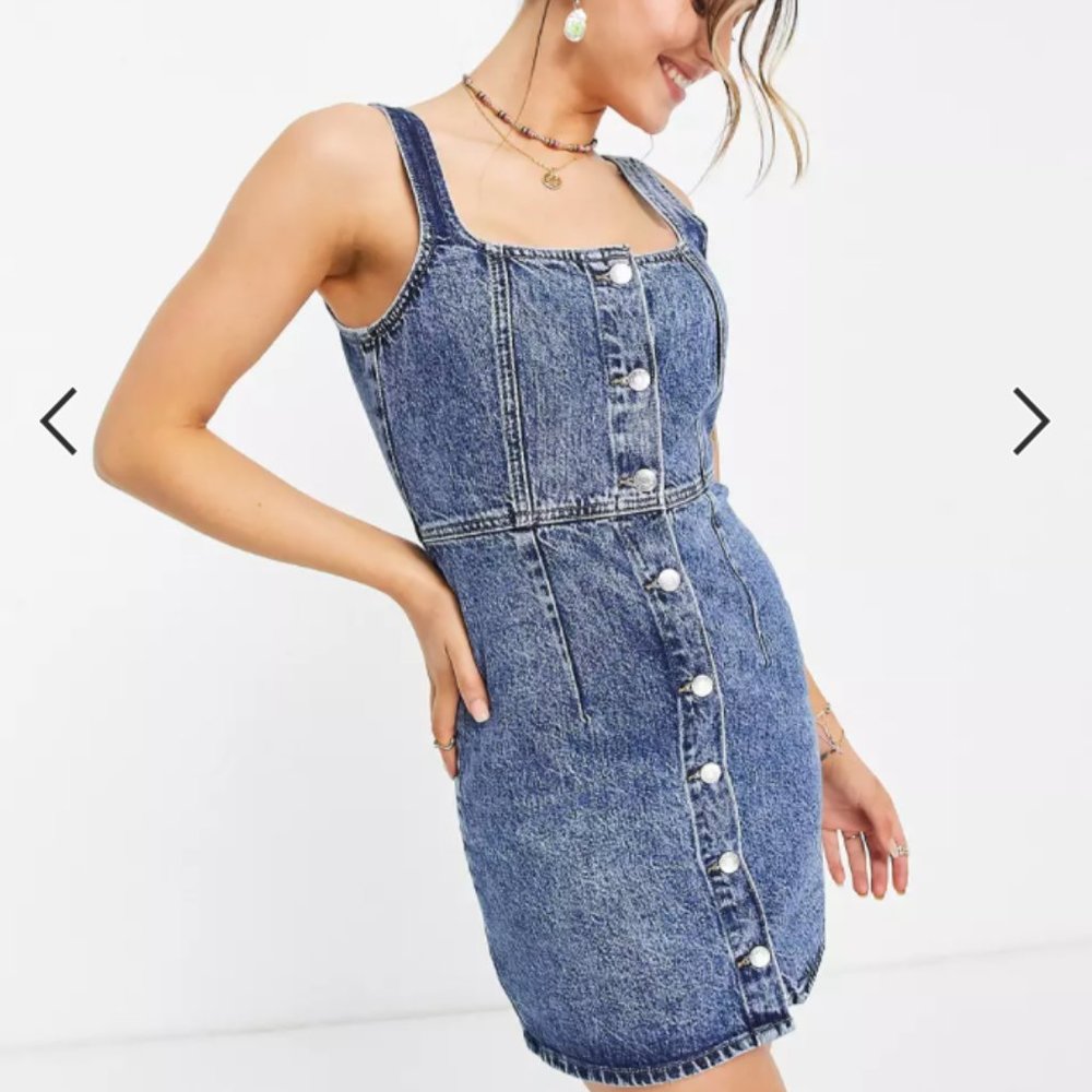 ASOS Monki Moa organic cotton button through denim mini dress in mid wash blue